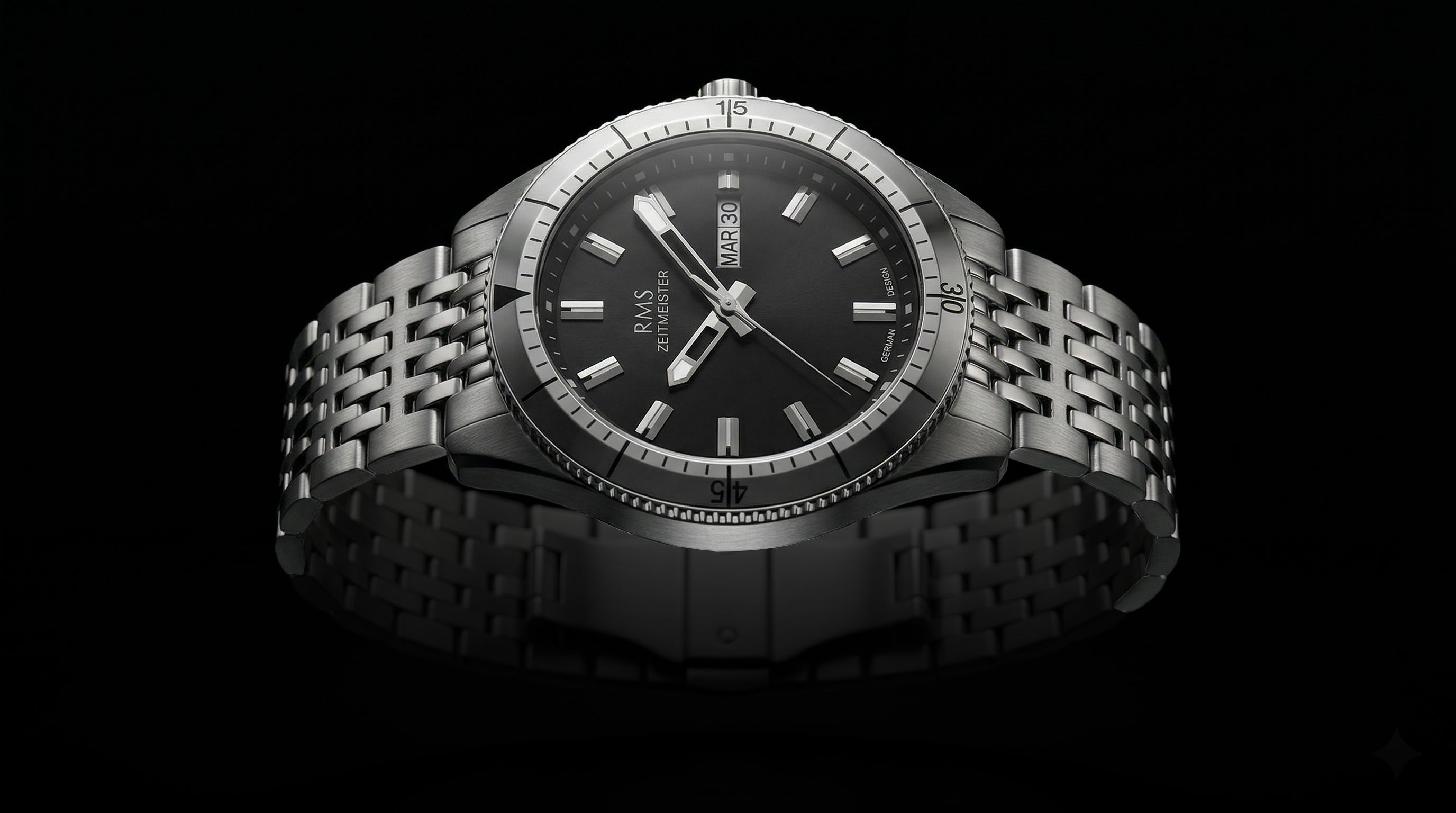 RMS Zeitmeister black dial watch reflecting German watchmaking design and engineering