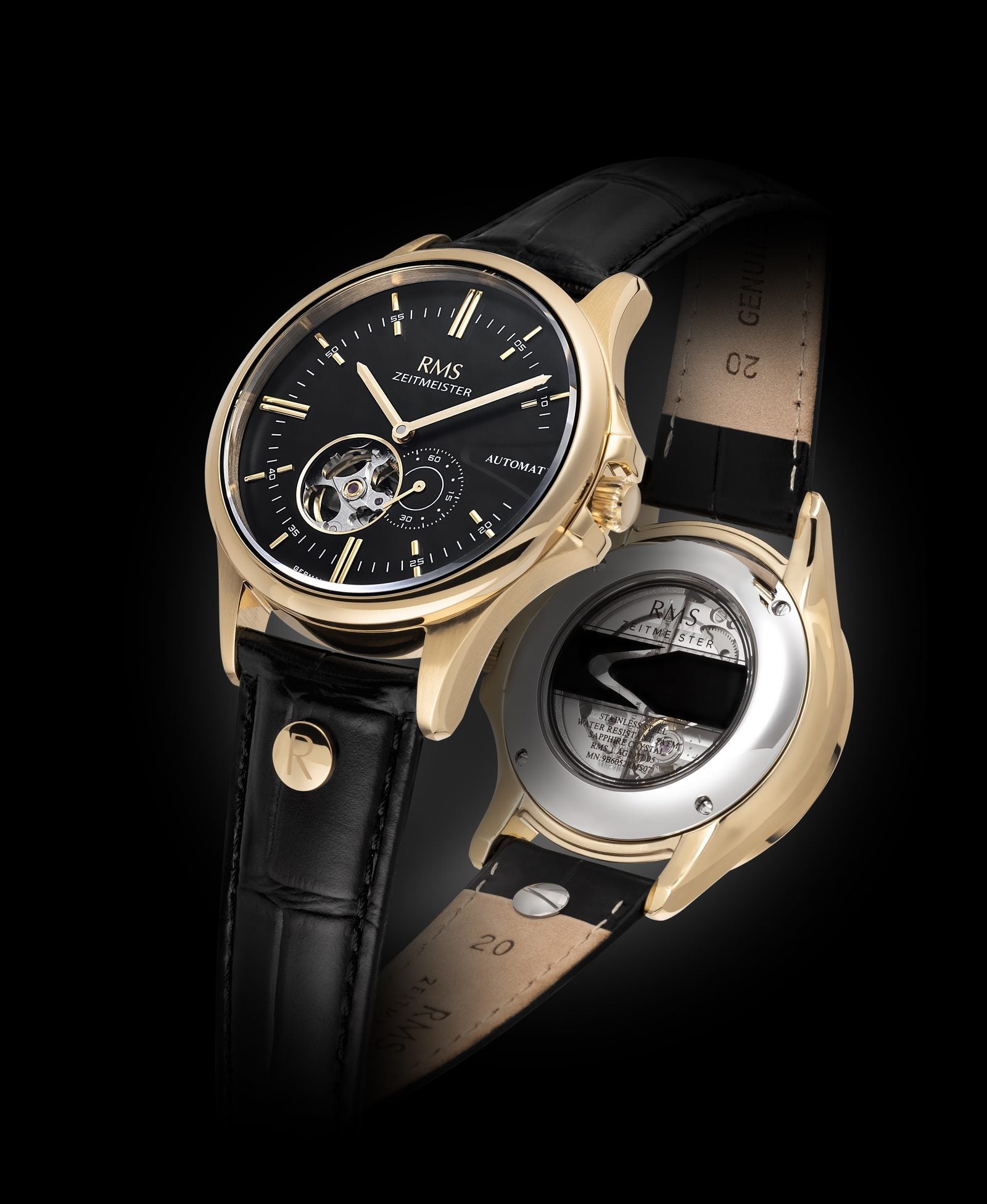 RMS Zeitmeister gold-plated automatic watch with open heart dial and black leather strap