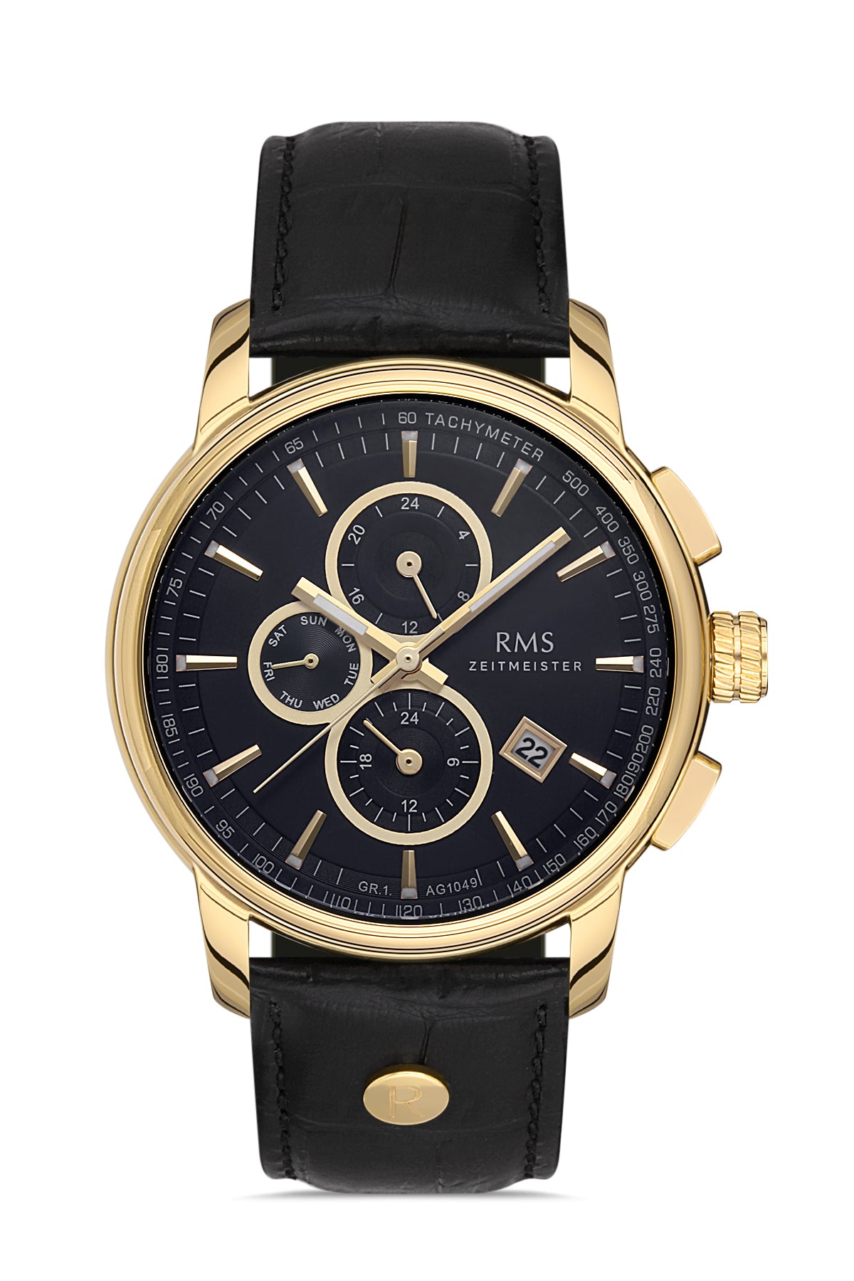 RMS ZEITMEISTER Multi-Function Men's Watch with Yellow Plated Case, Black Dial, and Black Leather Strap