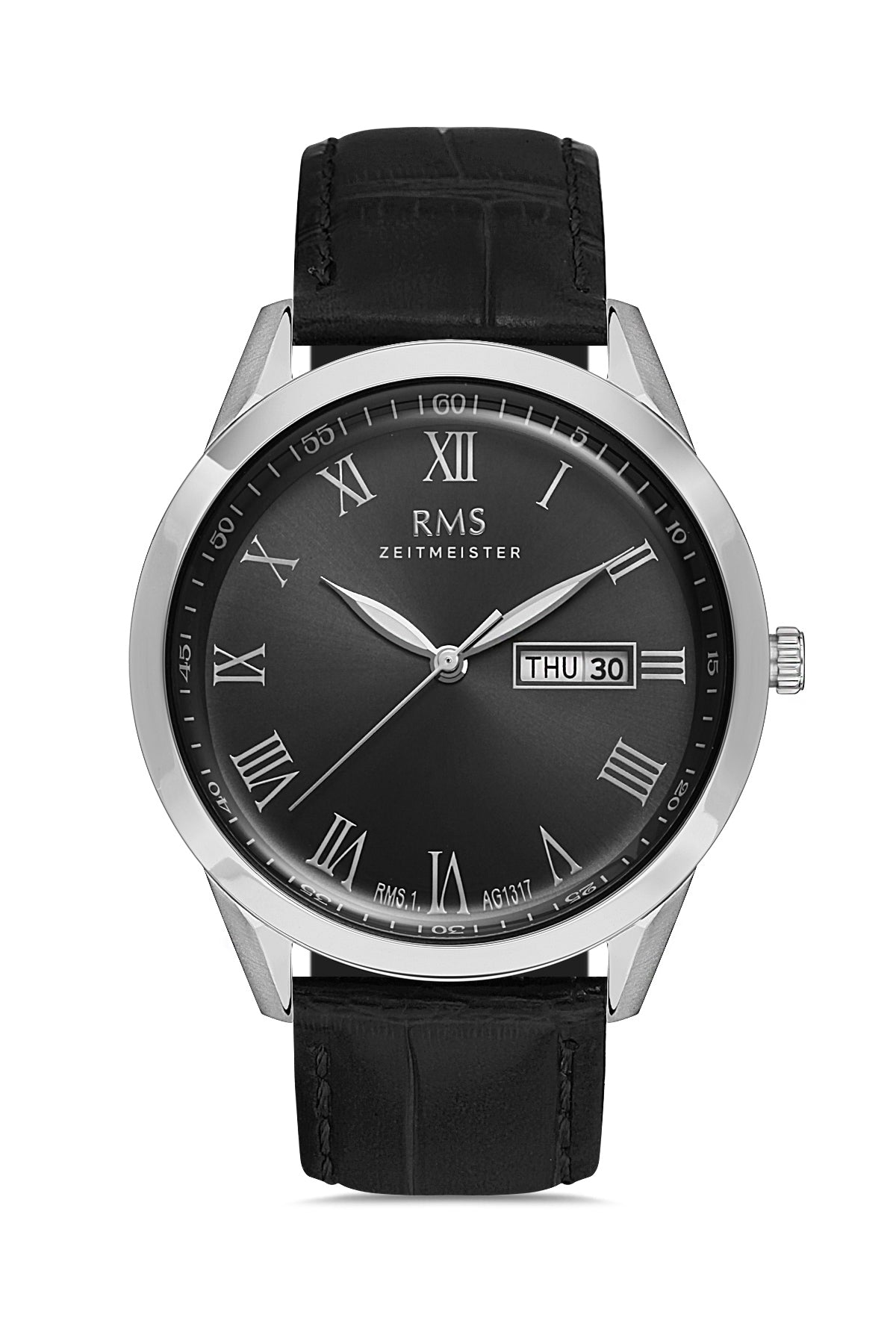 RMS ZEITMEISTER Men's Watch with Black Dial and Leather Strap