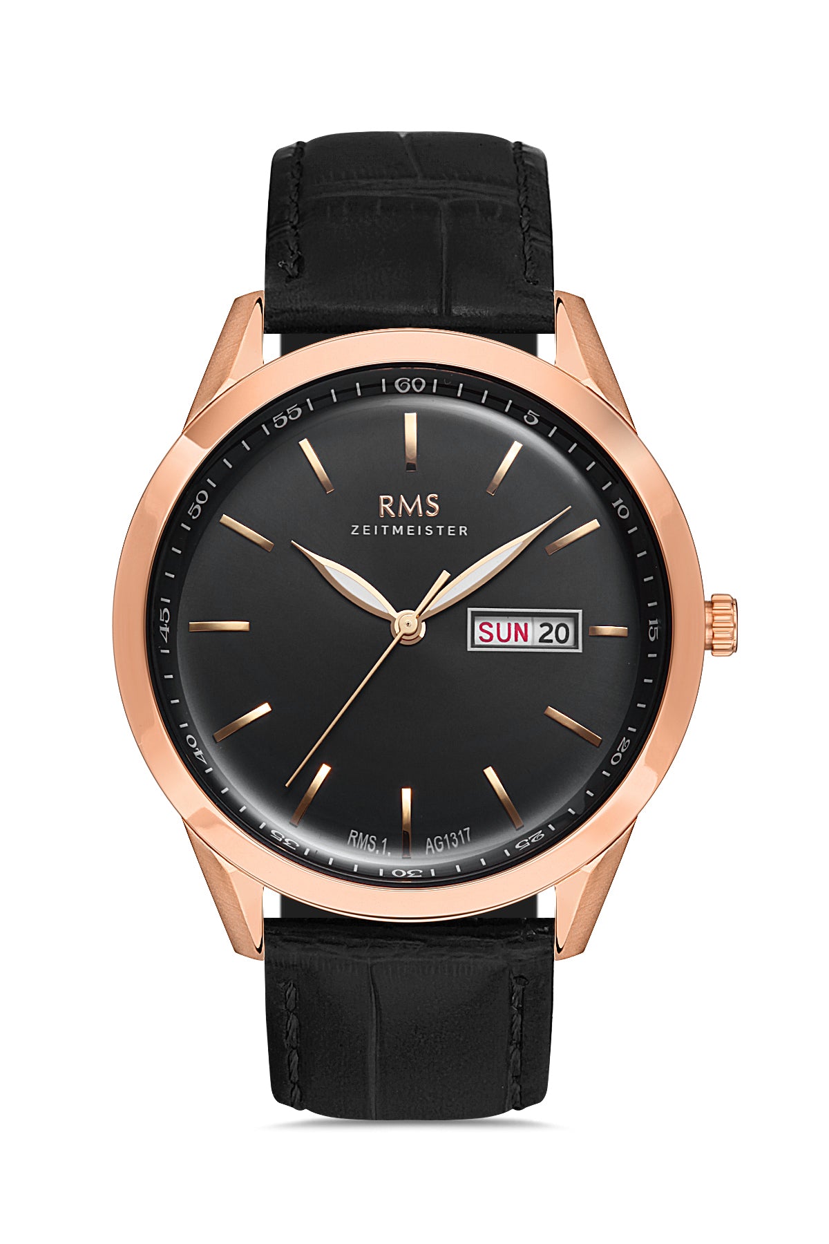 RMS ZEITMEISTER Men's Watch with Calendar, Black Dial, and Black Leather Strap