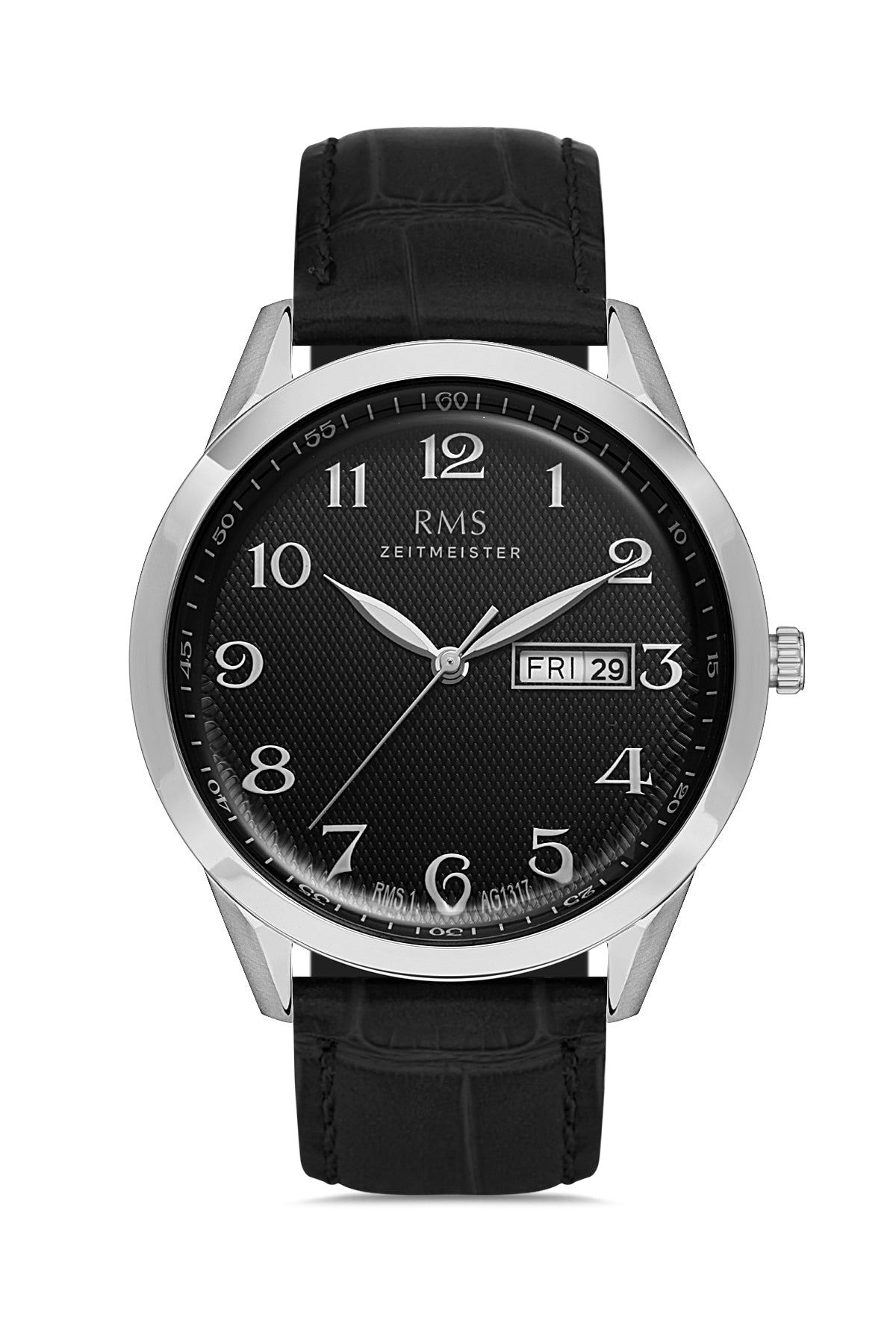 RMS ZEITMEISTER Calendar Men's Watch with Black Dial and Black Leather Strap