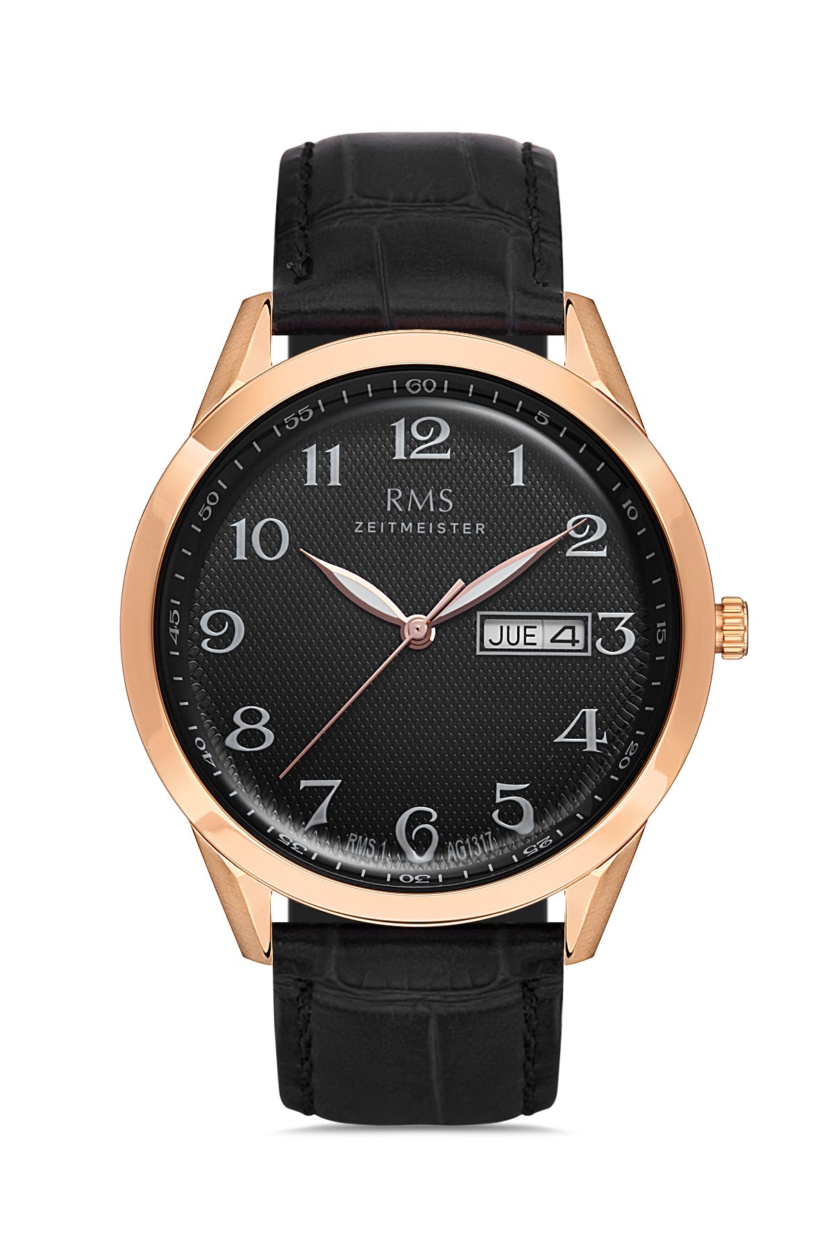 RMS ZEITMEISTER Calendar Men's Watch with Black Dial and Black Leather Strap