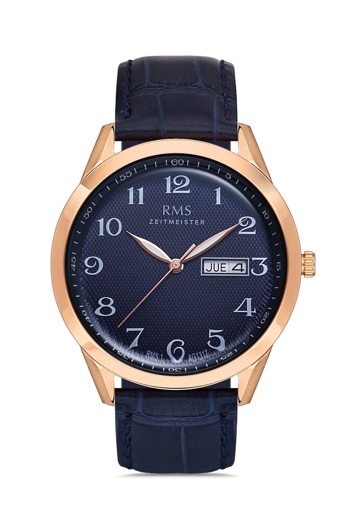 RMS ZEITMEISTER Men's Watch with Calendar, Navy Blue Dial, and Navy Blue Leather Strap