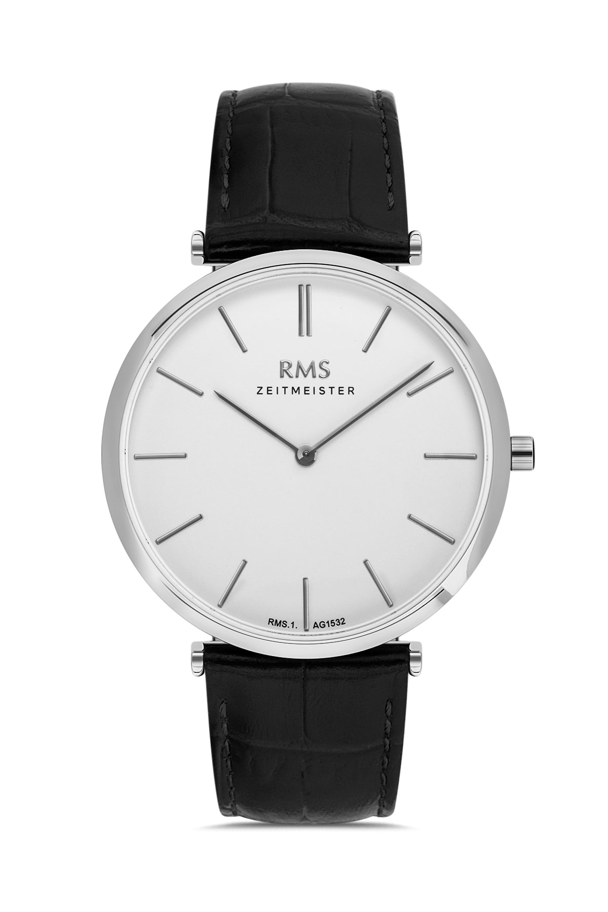 RMS ZEITMEISTER White Dial Black Leather Strap Men's Watch