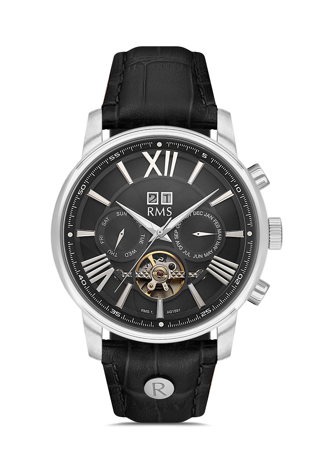 RMS ZEITMEISTER Multi-Function Men's Watch with Black Dial and Black Leather Strap