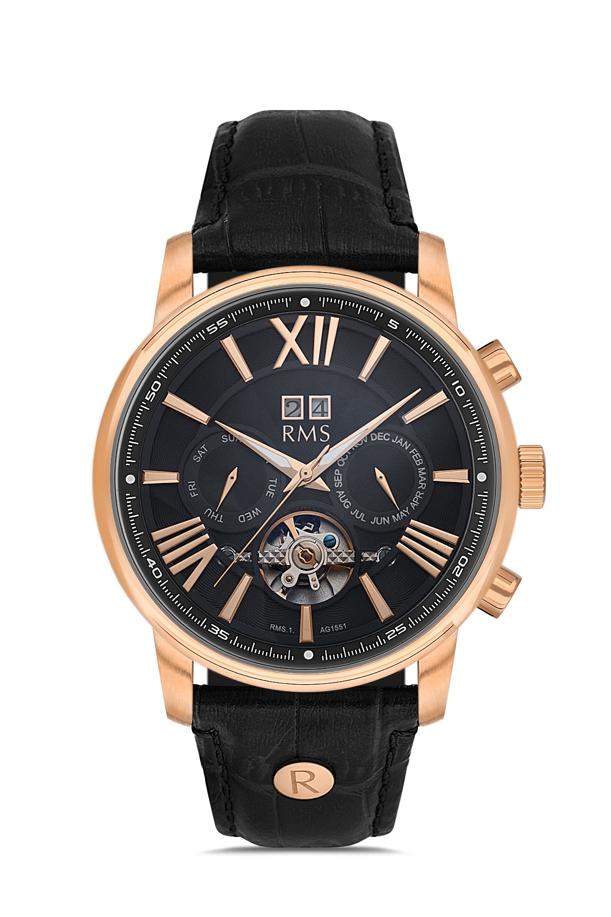 RMS Black Dial Rose Plated Men's Watch