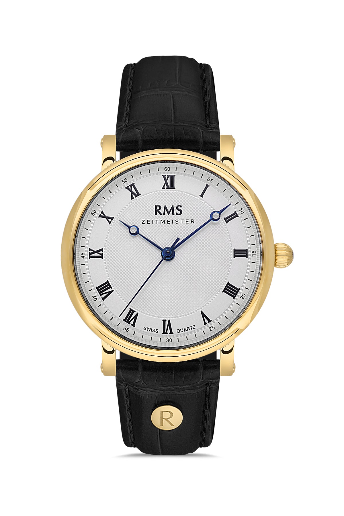 RMS ZEITMEISTER Men's Watch with Plain White Dial and Black Leather Strap