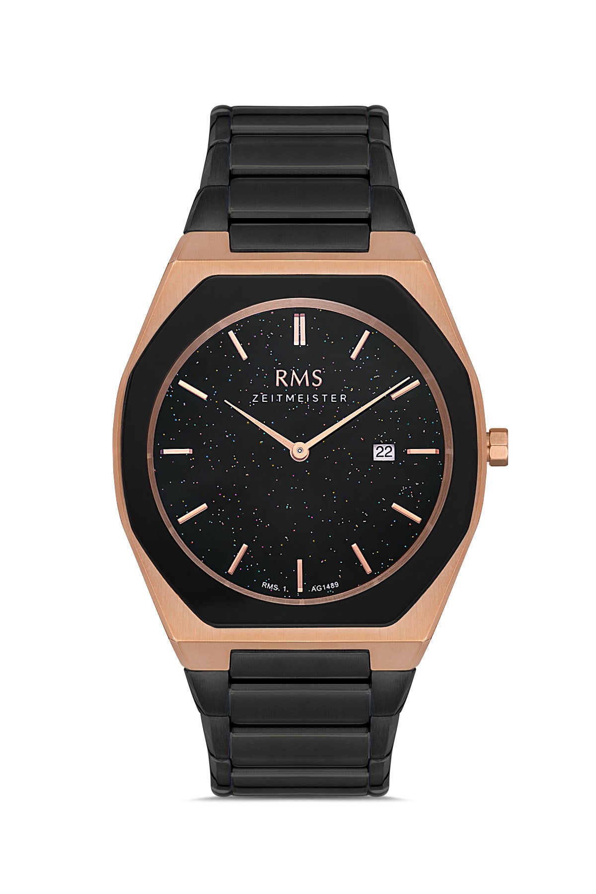 RMS Zeitmeister Black Dial Rose & Black Plated Men's Watch - Stainless Steel Bracelet - RMS.1.AG1489.04