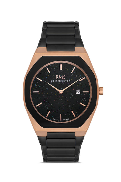 RMS Zeitmeister Black Dial Rose & Black Plated Men's Watch - Stainless Steel Bracelet - RMS.1.AG1489.04