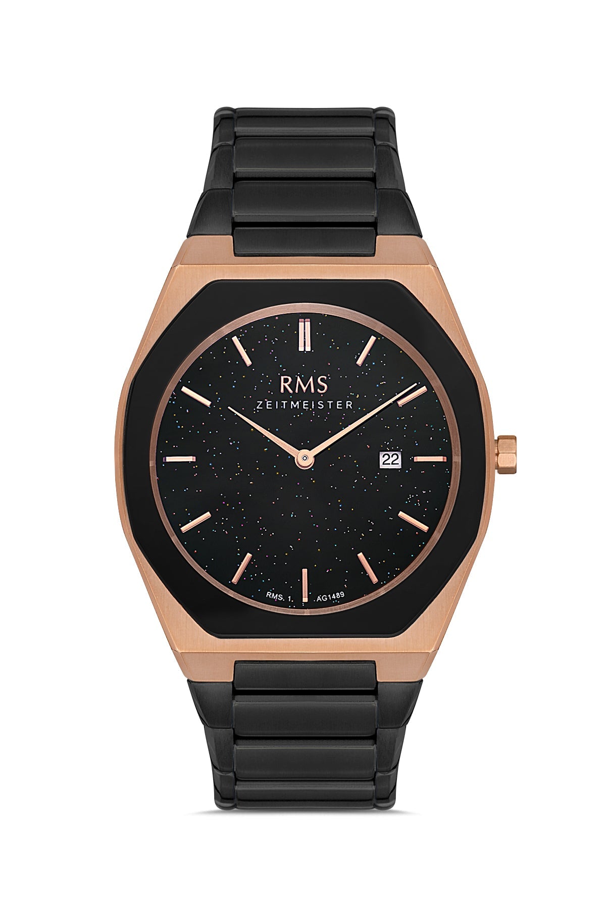 RMS Zeitmeister Black Dial Rose & Black Plated Men's Watch - Stainless Steel Bracelet - RMS.1.AG1489.04
