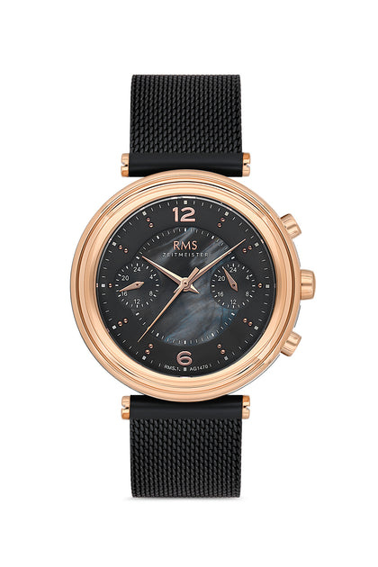 RMS Zeitmeister Black Dial Rose & Black Plated Women's Watch - Stainless Steel Mesh Bracelet - RMS.1.AG1470.07