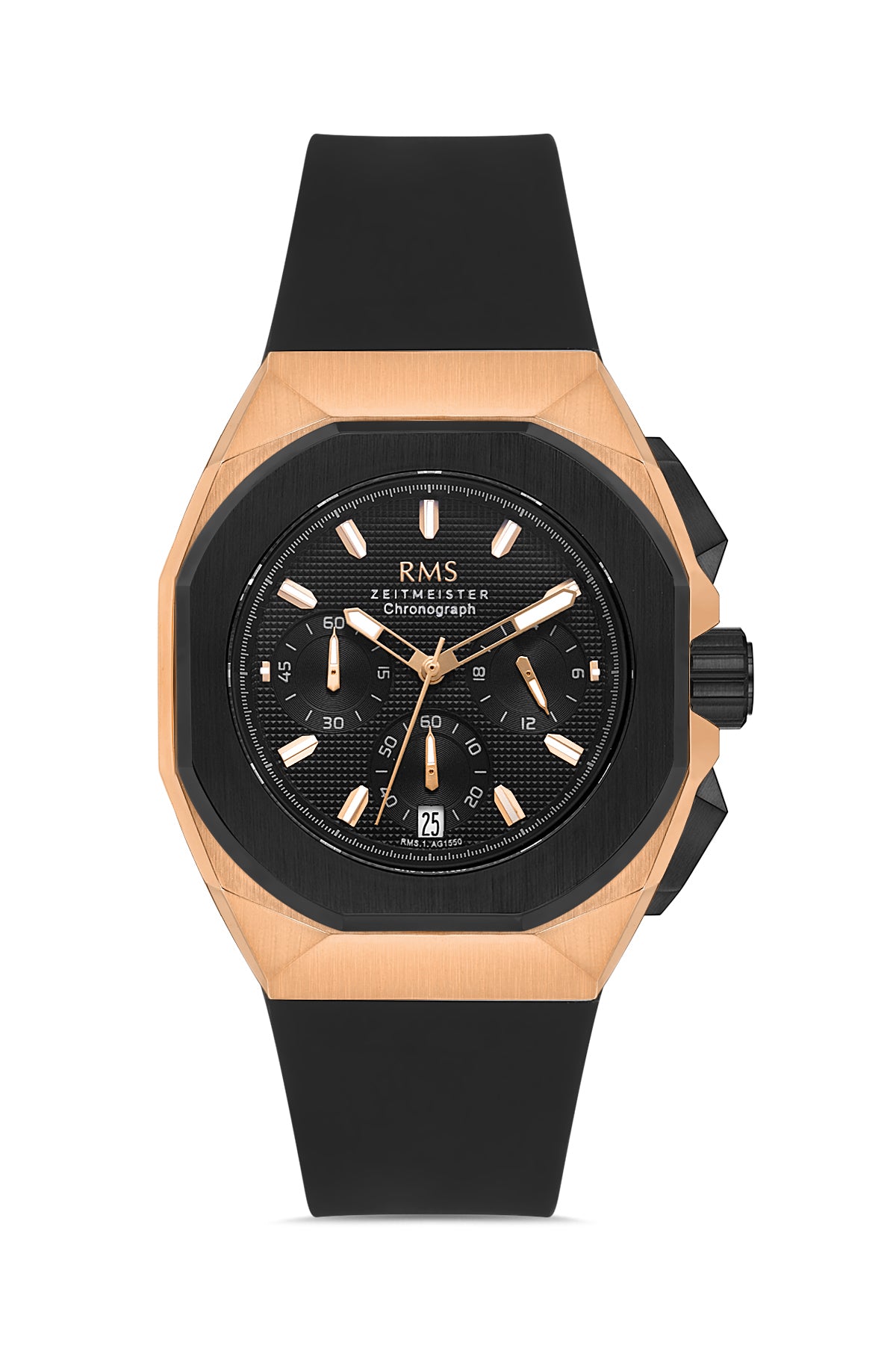 RMS Zeitmeister Black Dial Rose & Black Plated Men's Watch - Black Silicone Strap - RMS.1.AG1550.05
