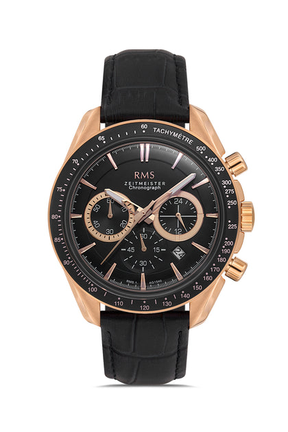 RMS Zeitmeister Black Dial Rose Plated Men's Watch - Black Genuine Leather Strap - RMS.1.AG1540.08
