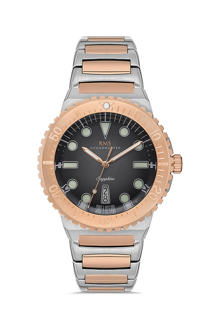 RMS Zeitmeister Black Dial Two-Tone Rose Plated Men's Watch - Stainless Steel Bracelet - RMS.1.AG1480.08