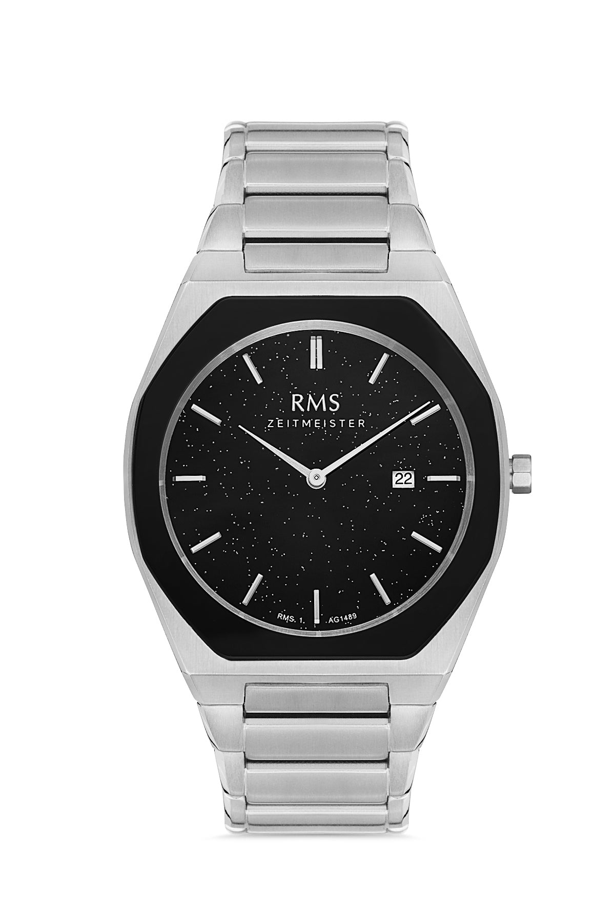 RMS Zeitmeister Black Dial Silver Plated Men's Watch - Stainless Steel Bracelet - RMS.1.AG1489.01