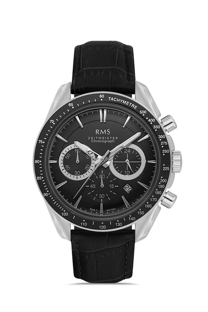 RMS Zeitmeister Black Dial Silver Plated Men's Watch - Black Genuine Leather Strap - RMS.1.AG1540.02