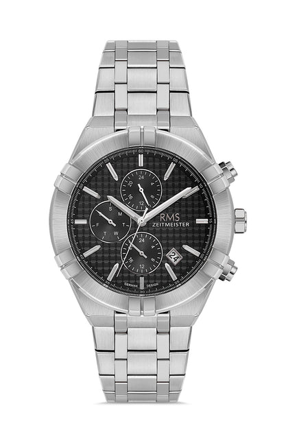 RMS Zeitmeister Black Dial Silver Plated Men's Watch - Stainless Steel Bracelet - RMS.1.AG1542.03