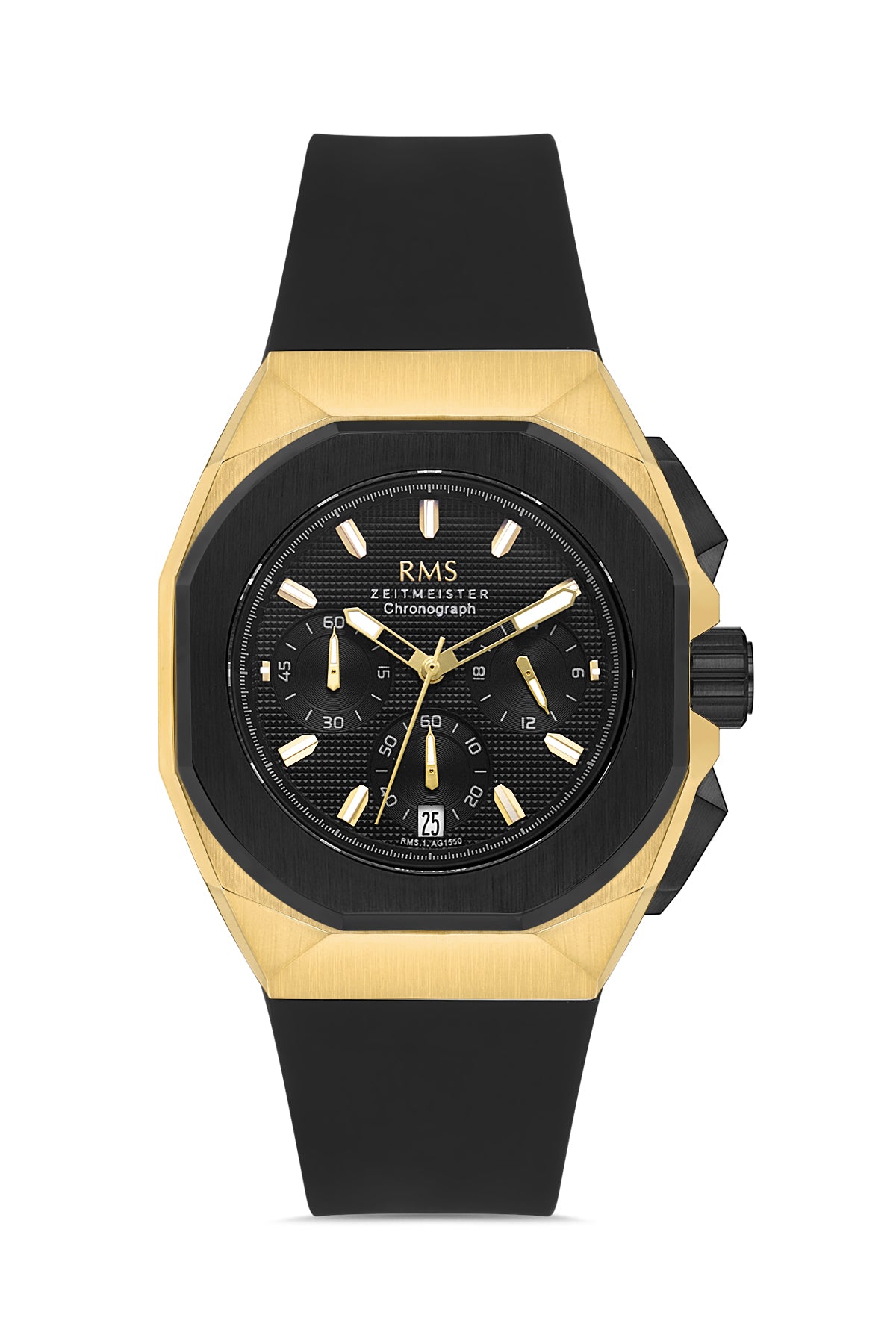 RMS Zeitmeister Black Dial Gold Plated Men's Watch - Black Silicone Strap - RMS.1.AG1550.08