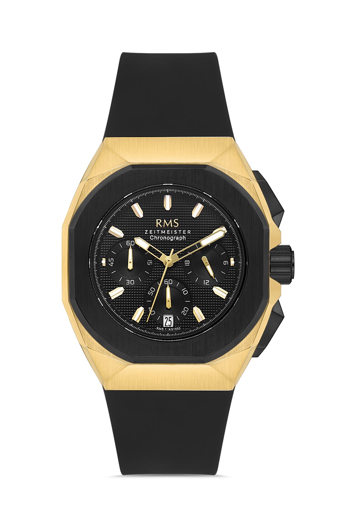 RMS Zeitmeister Black Dial Gold Plated Men's Watch - Black Silicone Strap - RMS.1.AG1550.08