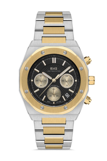 RMS Zeitmeister Black Dial Gold & Silver Plated Men's Watch - Stainless Steel Bracelet - RMS.1.AG1560.07