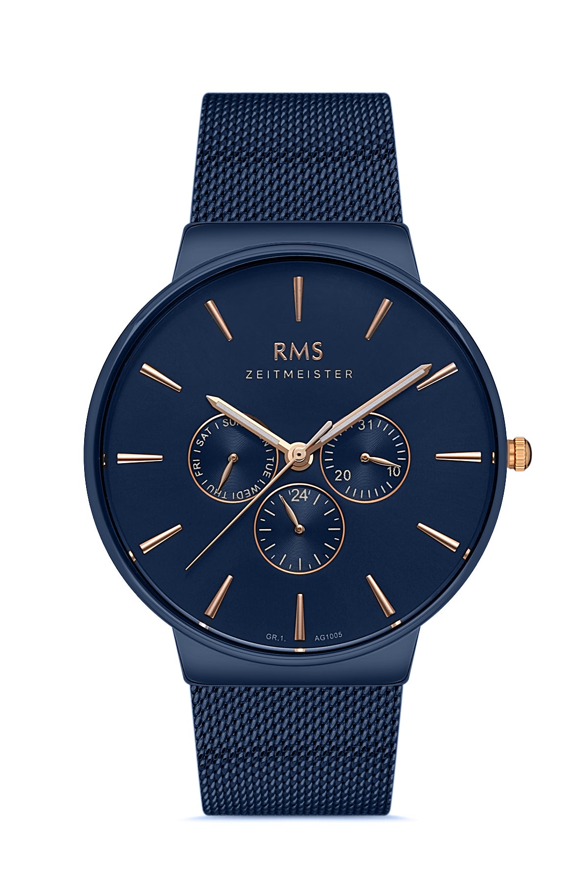 RMS Zeitmeister RMS.1.AG1005.18 men's watch with blue dial, blue case and mesh bracelet