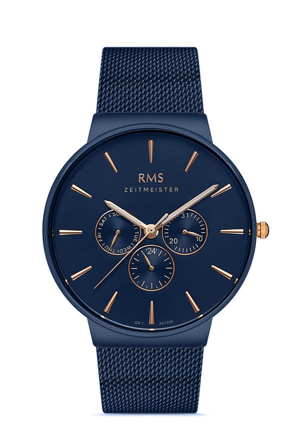 RMS Zeitmeister Blue Dial Blue Plated Men's Watch - Stainless Steel Mesh Bracelet - RMS.1.AG1005.18