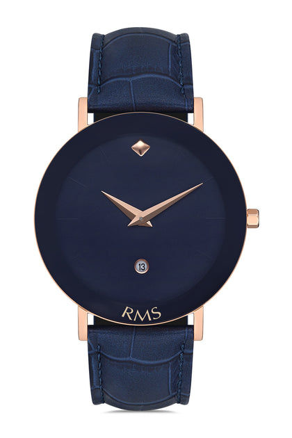 RMS Zeitmeister Blue Dial Rose & Blue Plated Men's Watch - Blue Genuine Leather Strap - RMS.1.AG1329.04
