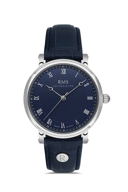 RMS Zeitmeister Blue Dial Silver Plated Men's Watch - Blue Genuine Leather Strap - RMS.1.AG1558.03