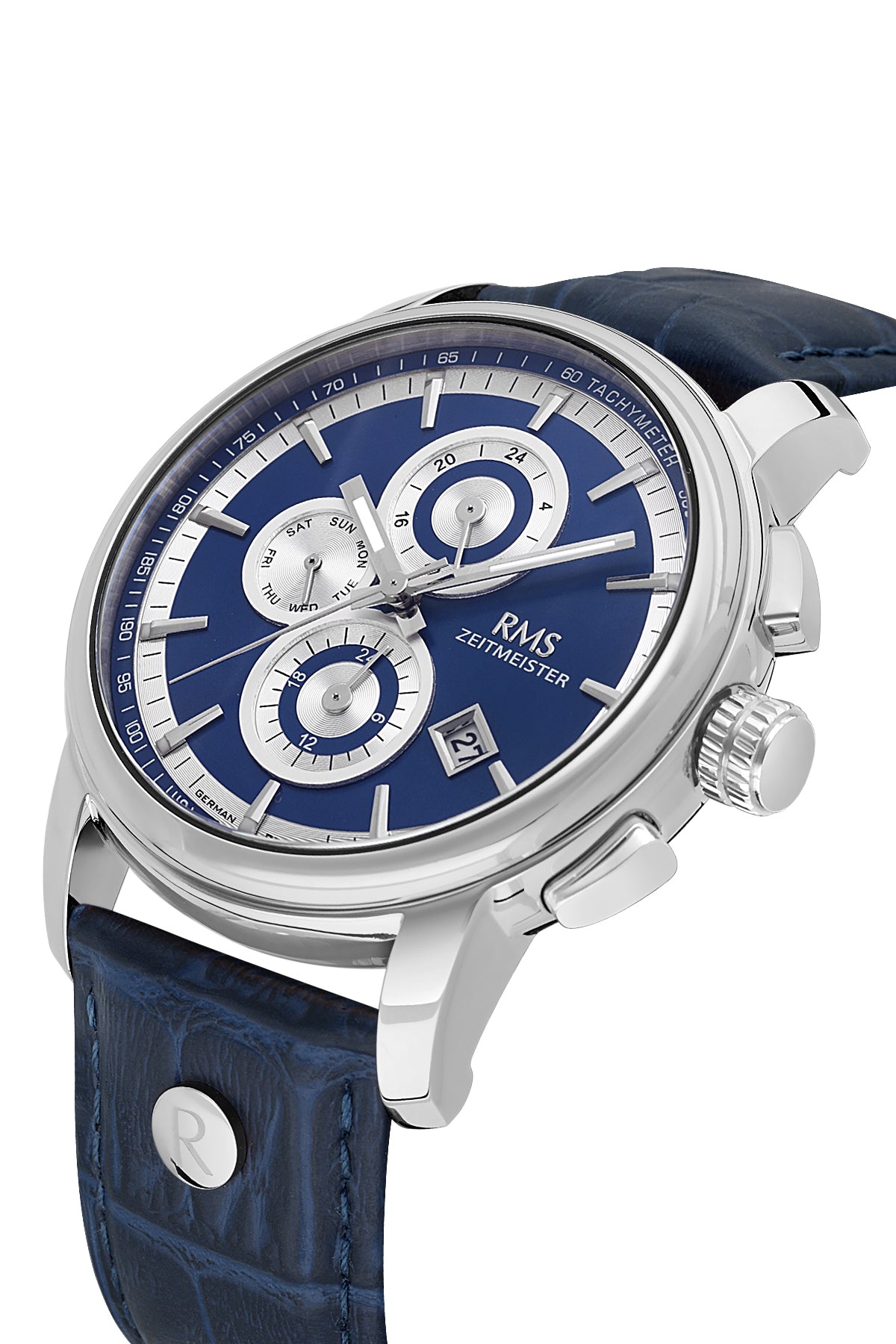 RMS Zeitmeister Blue Dial Silver Plated Men's Watch - Blue Genuine Leather Strap - RMS.1.AG1049.04