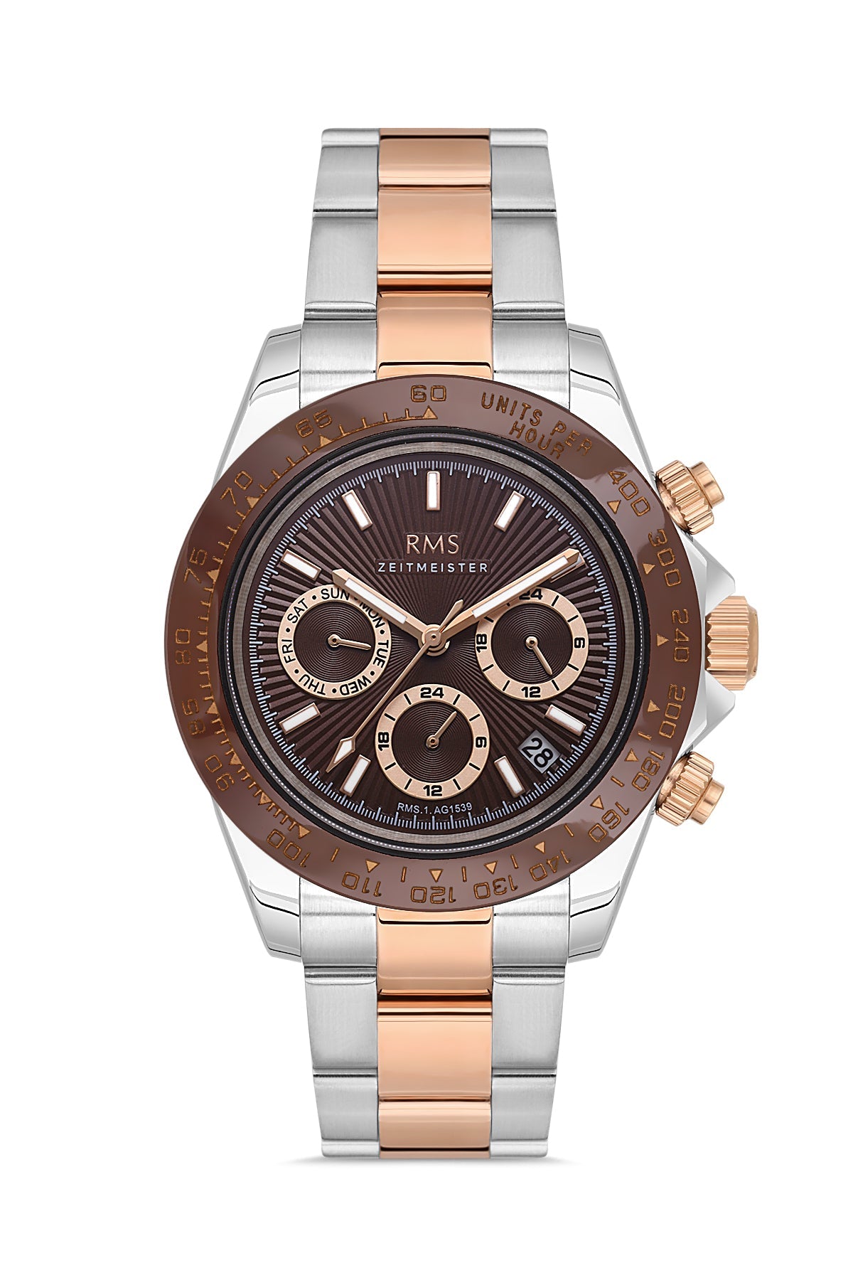 RMS Zeitmeister Brown Dial Two-Tone Rose Plated Men's Watch - Stainless Steel Bracelet - RMS.1.AG1539.08