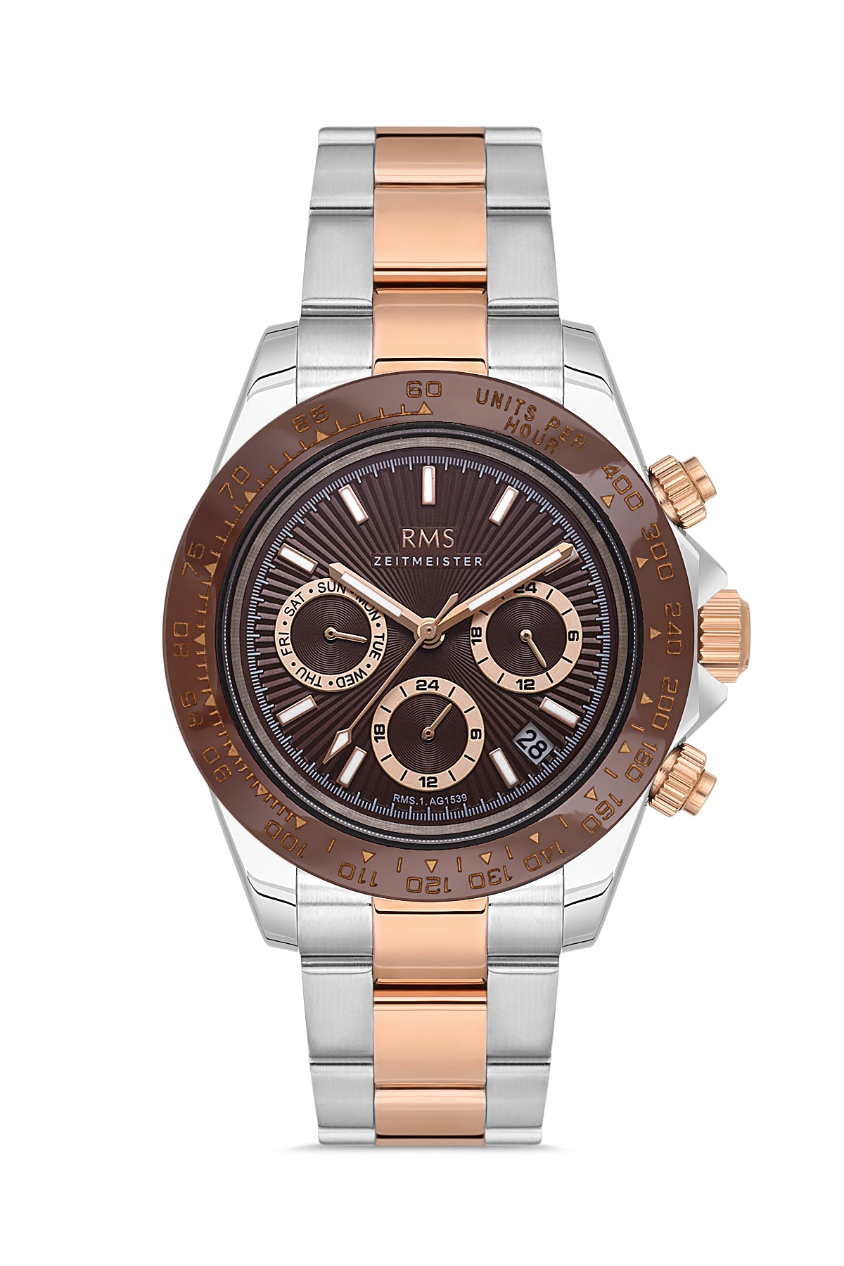 RMS Zeitmeister Brown Dial Two-Tone Rose Plated Men's Watch - Stainless Steel Bracelet - RMS.1.AG1539.08