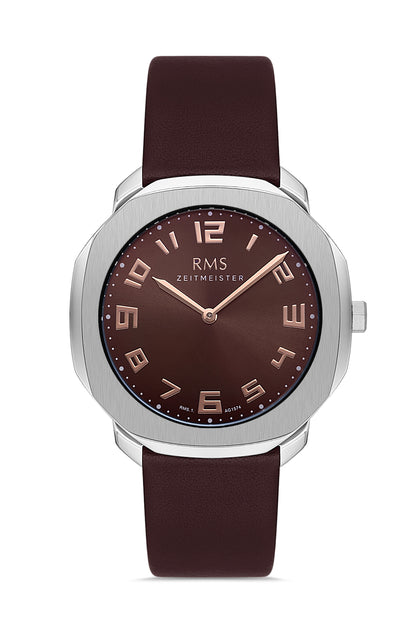 RMS Zeitmeister Brown Dial Silver Plated Men's Watch - Brown Genuine Leather Strap - RMS.1.AG1574.10