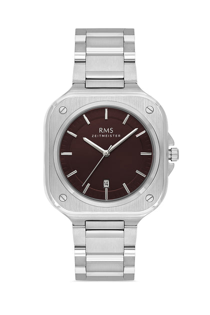 RMS Zeitmeister Brown Dial Silver Plated Men's Watch - Stainless Steel Bracelet - RMS.1.AG1568.05