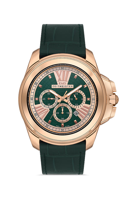 RMS Zeitmeister Green Dial Rose Plated Men's Watch - Green Genuine Leather Strap - RMS.1.AG1058.09