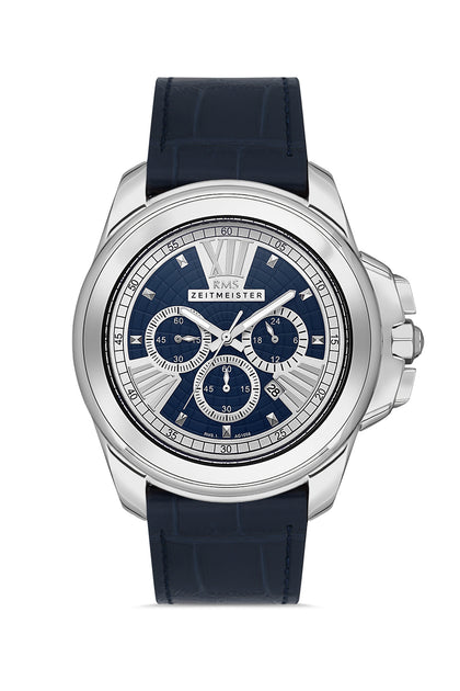 RMS Zeitmeister Blue Dial Silver Plated Men's Watch - Blue Genuine Leather Strap - RMS.1.AG1058.10