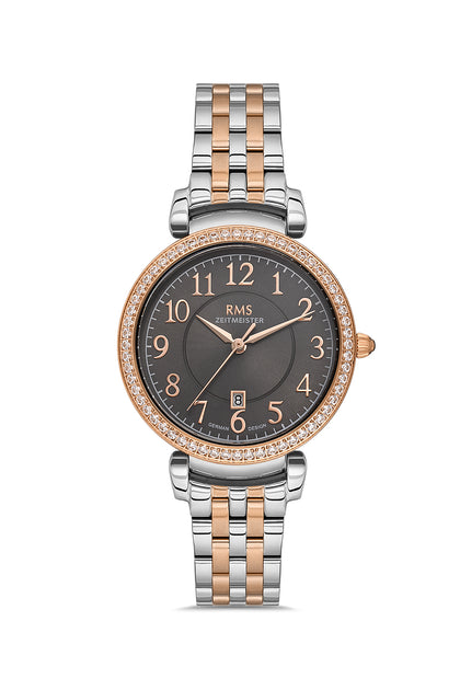 RMS Zeitmeister Grey Dial Two-Tone Rose Plated Women's Watch - Stainless Steel Bracelet - RMS.1.AG1103.12