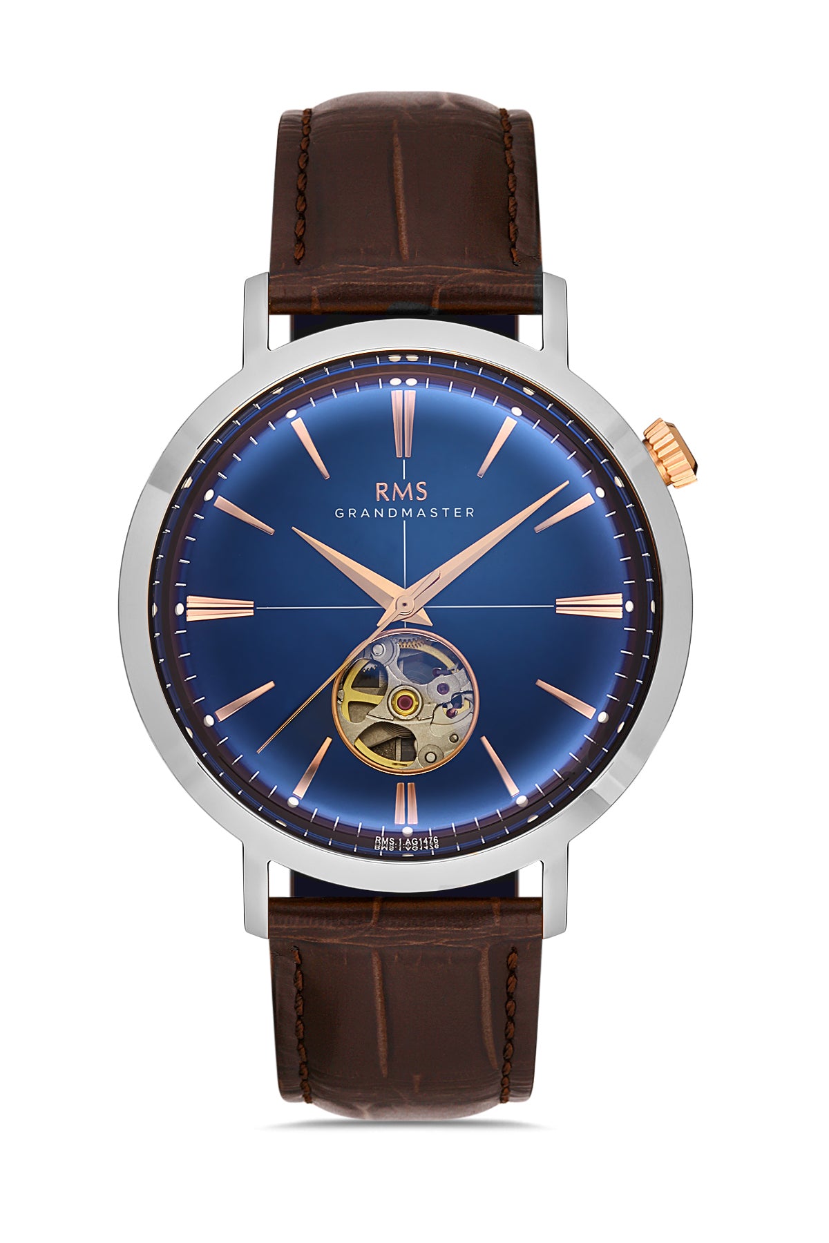 RMS Men's Blue Dial Silver Automatic Leather Watch - RMS.1.AG1476.02