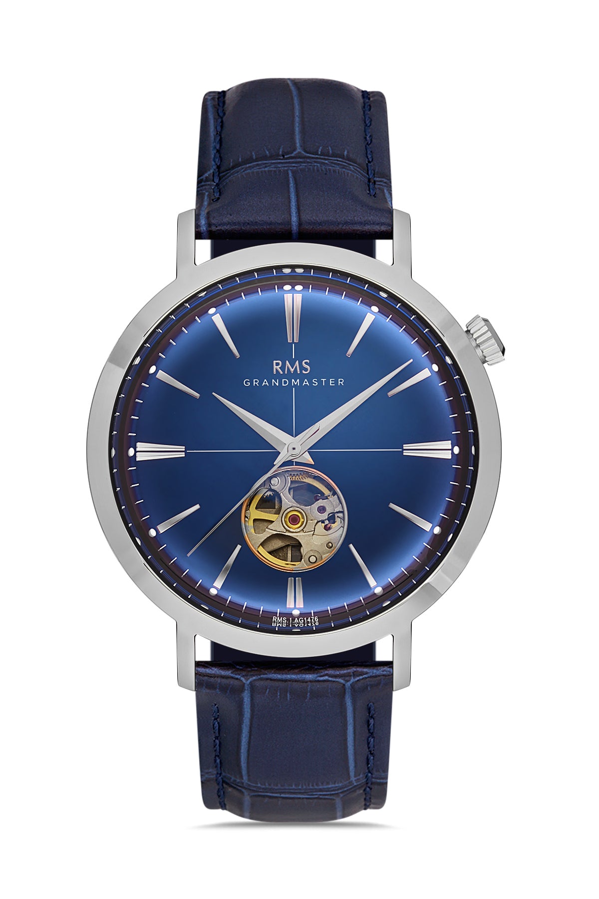 RMS Men's Blue Dial Silver Automatic Leather Watch - RMS.1.AG1476.04