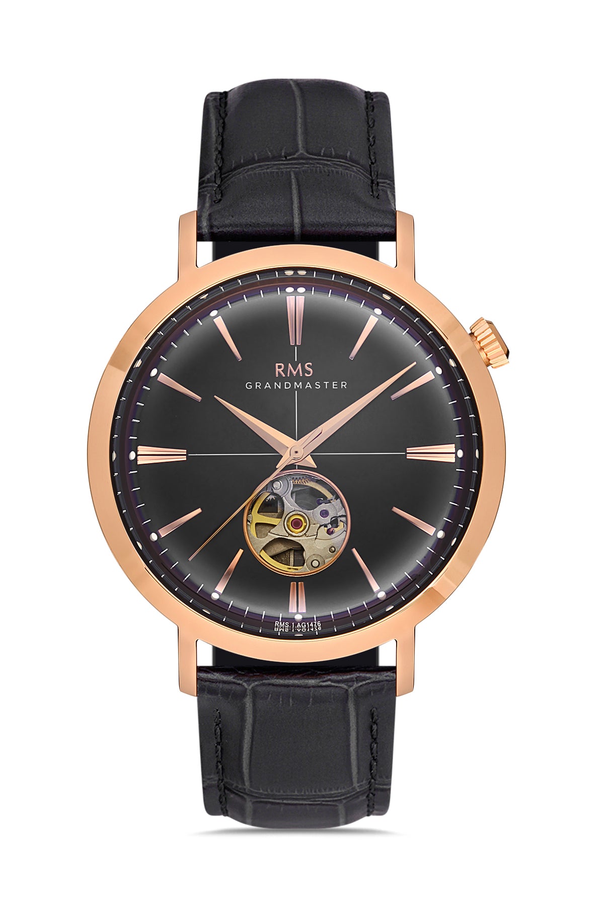 RMS Men's Black Dial Rose Gold Automatic Leather Watch - RMS.1.AG1476.07
