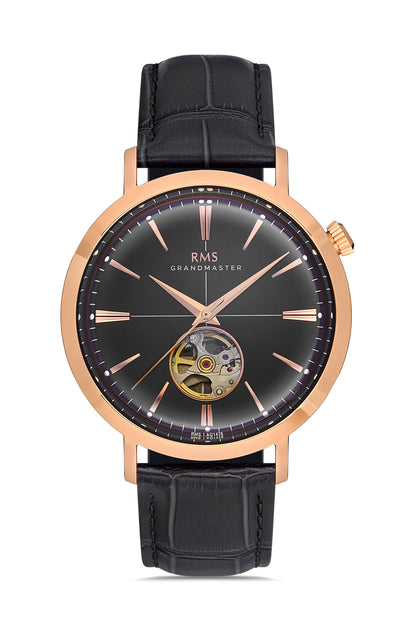 RMS Zeitmeister Black Dial Rose Plated Men's Watch - Black Genuine Leather Strap - RMS.1.AG1476.07