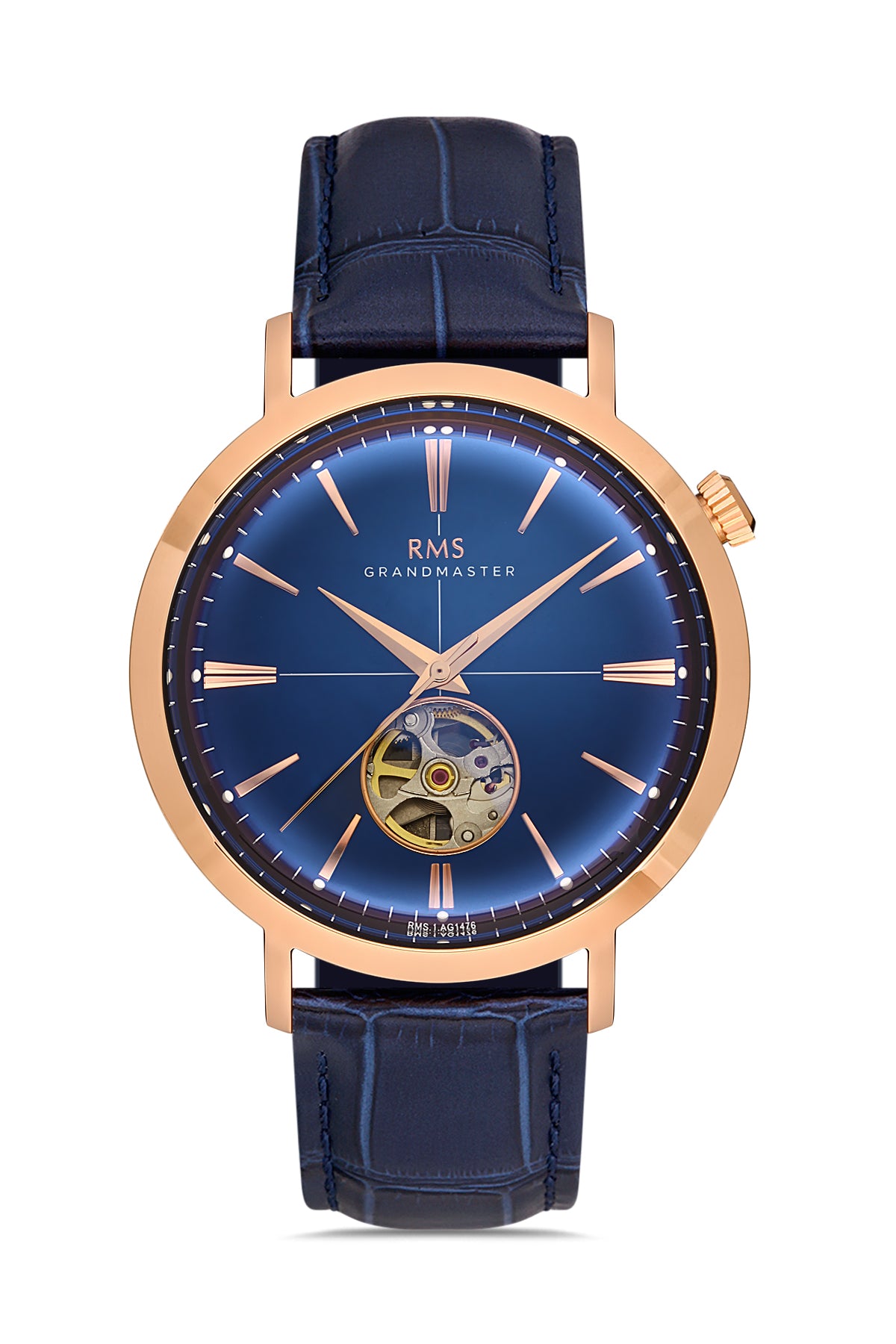 RMS Men's Blue Dial Rose Gold Automatic Leather Watch - RMS.1.AG1476.08