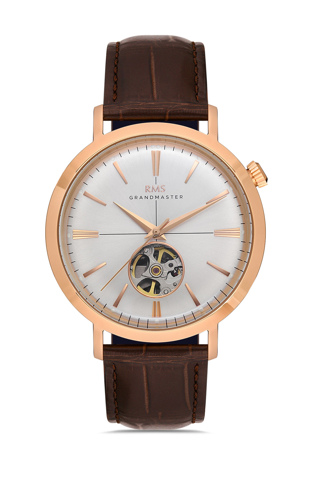 RMS Men's Silver Dial Rose Gold Automatic Leather Watch - RMS.1.AG1476