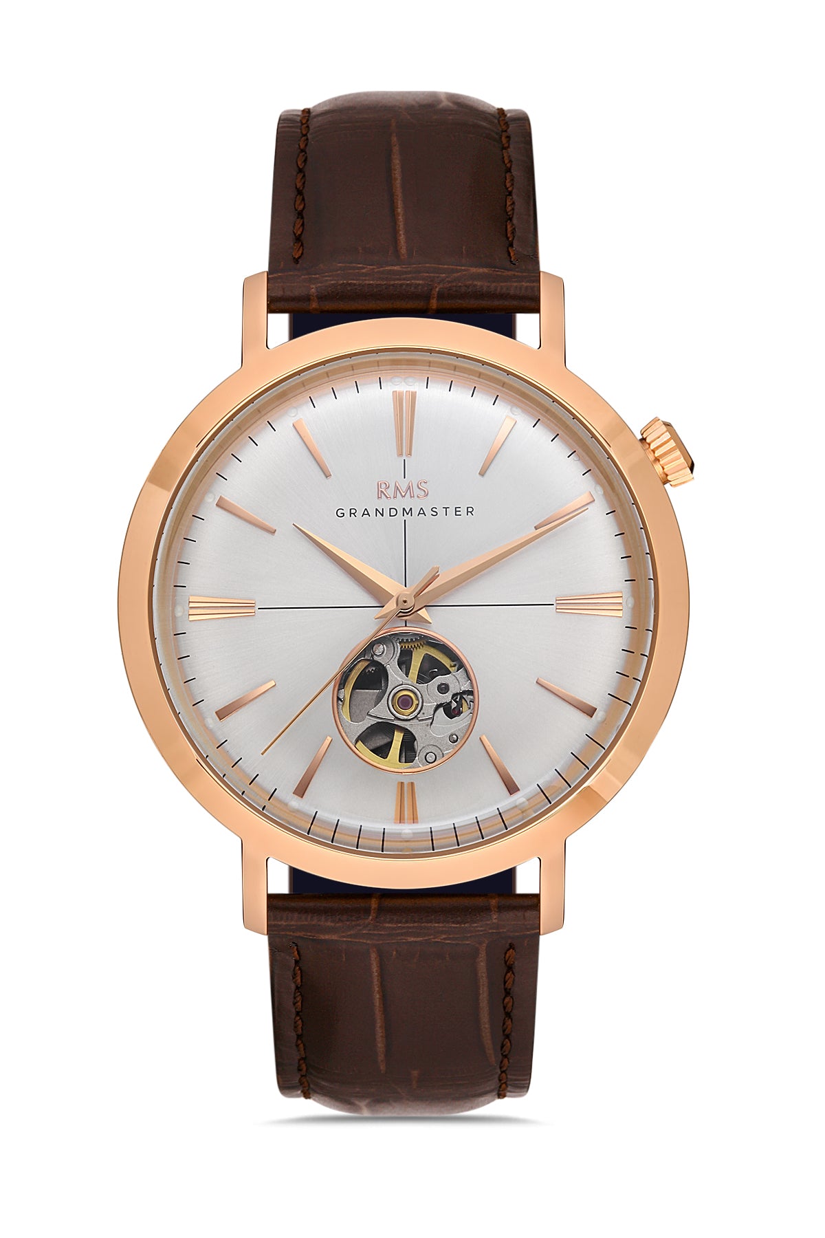 RMS Men's Silver Dial Rose Gold Automatic Leather Watch - RMS.1.AG1476.010