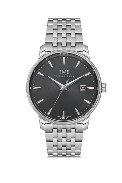 RMS Zeitmeister Black Dial Silver Plated Men's Watch - Stainless Steel Bracelet - RMS.1.AG1506.02