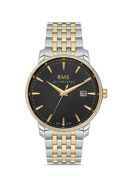 RMS Zeitmeister Black Dial Gold & Silver Plated Men's Watch - Stainless Steel Bracelet - RMS.1.AG1506.05