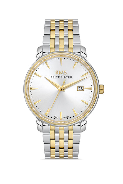 RMS Zeitmeister Silver Dial Gold & Silver Plated Men's Watch - Stainless Steel Bracelet - RMS.1.AG1506.06