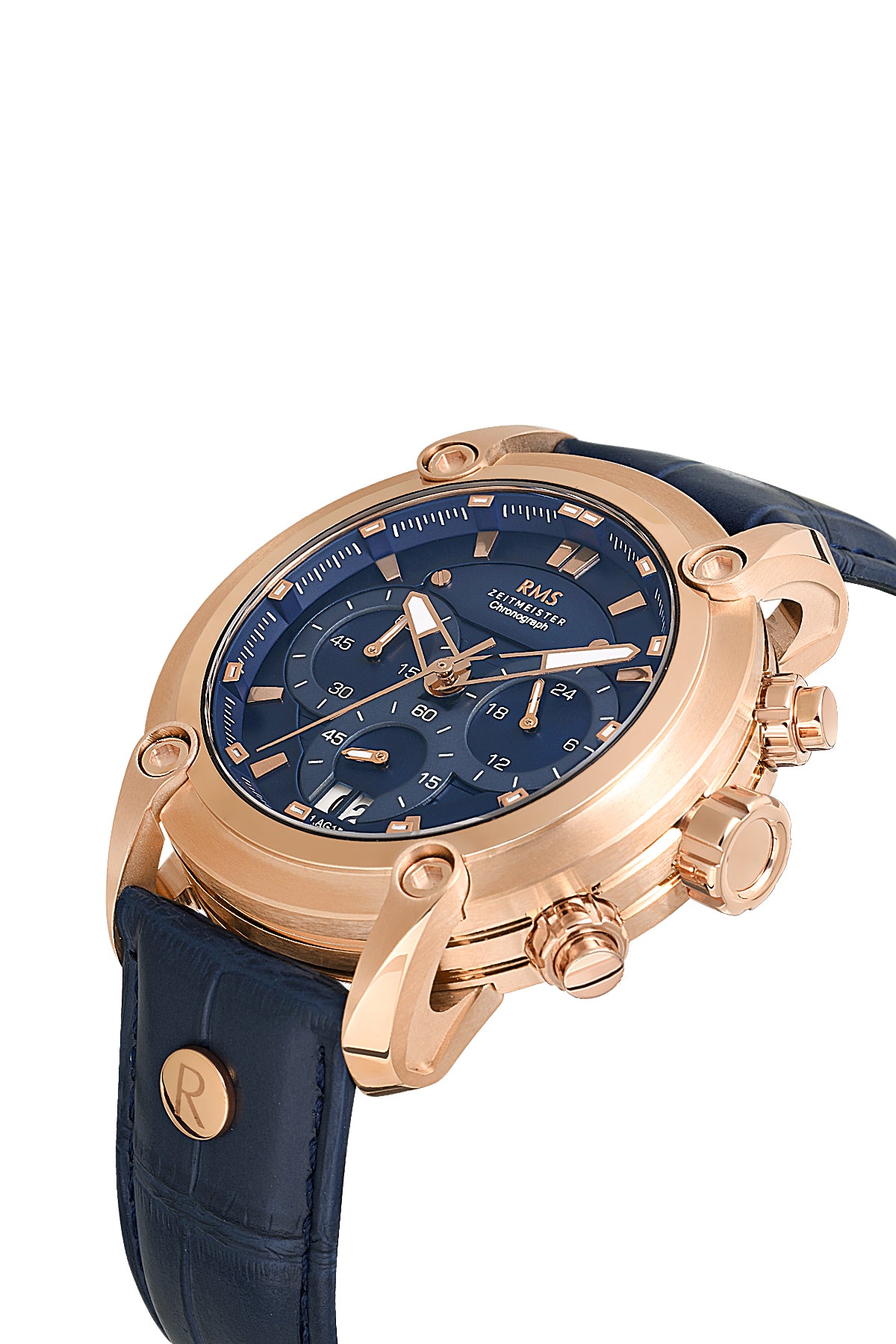 RMS Men's Chronograph Blue Dial Rose Gold Leather Strap Watch - RMS.1.AG1557.09