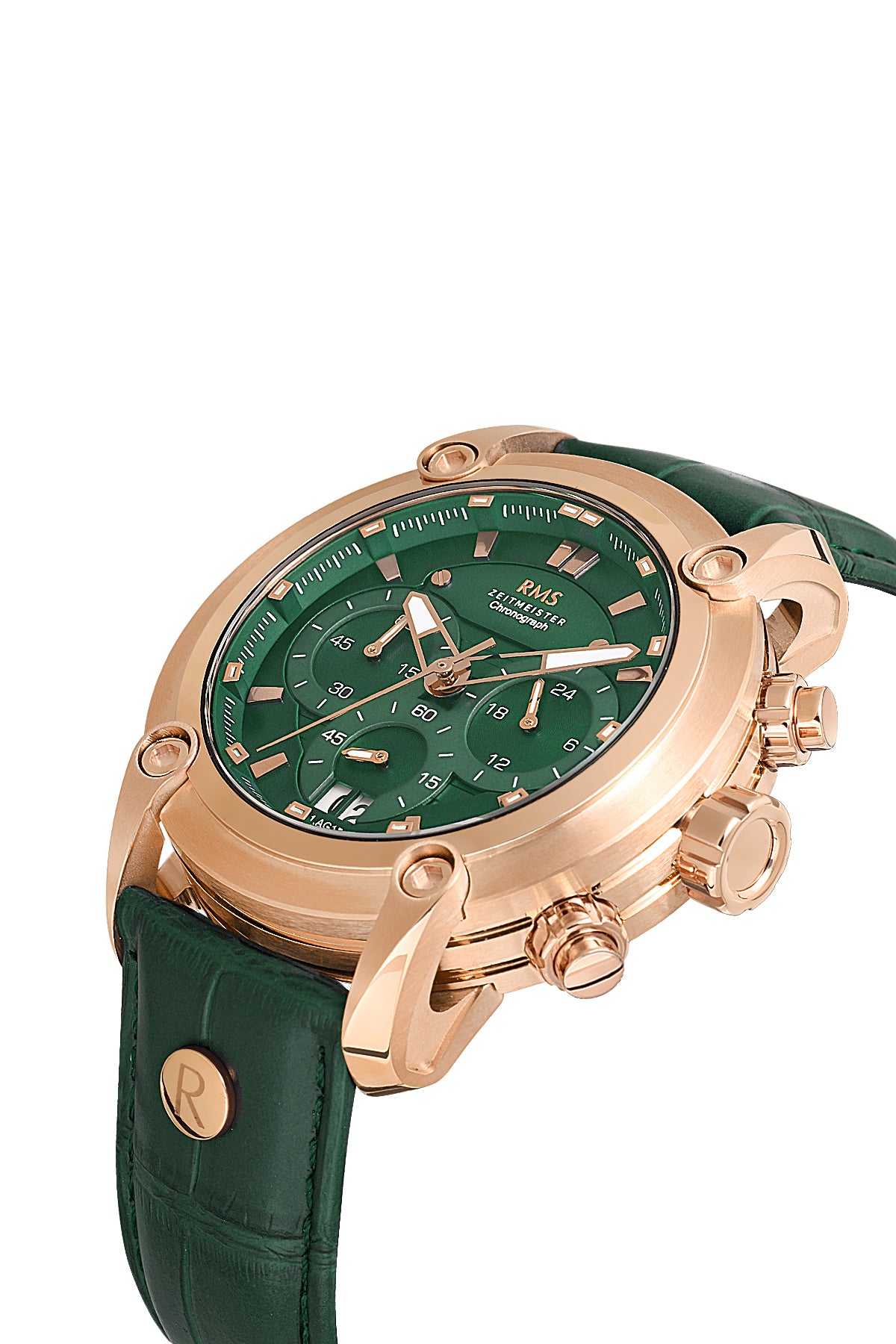 RMS Men's Chronograph Green Dial Rose Gold Leather Strap Watch - RMS.1.AG1557.10 - 3