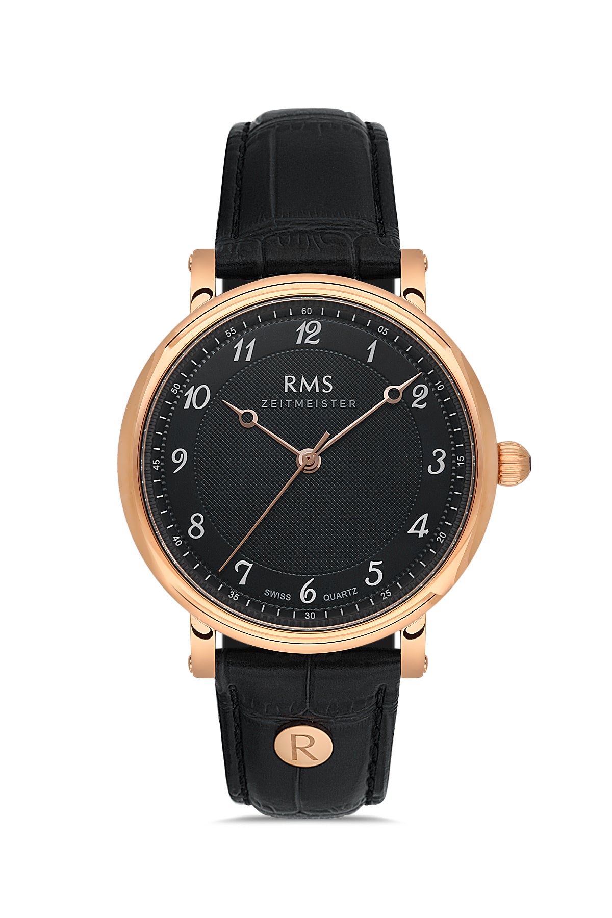 RMS Zeitmeister RMS.1.AG1558.14 men's watch with black dial, rose case and genuine leather strap